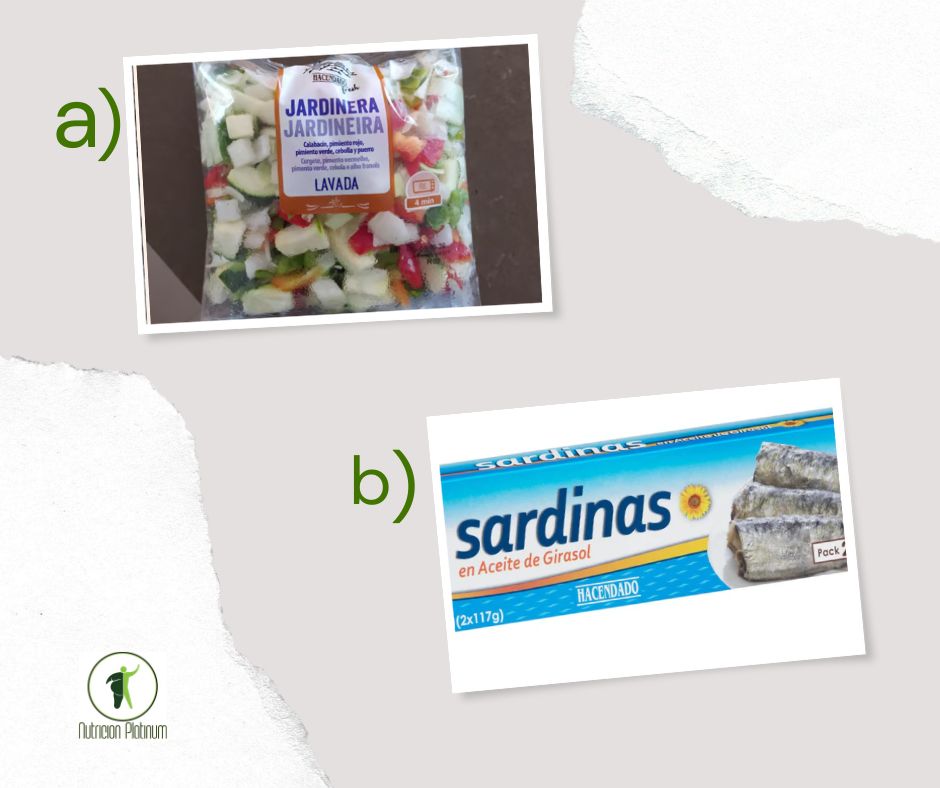 Verduras a la jardinera con sardinas en aceite.